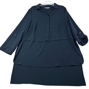 Adyson Parker 1X Navy Blue Tunic Top‎ Layered Roll Tab Sleeve Career Lagenlook
